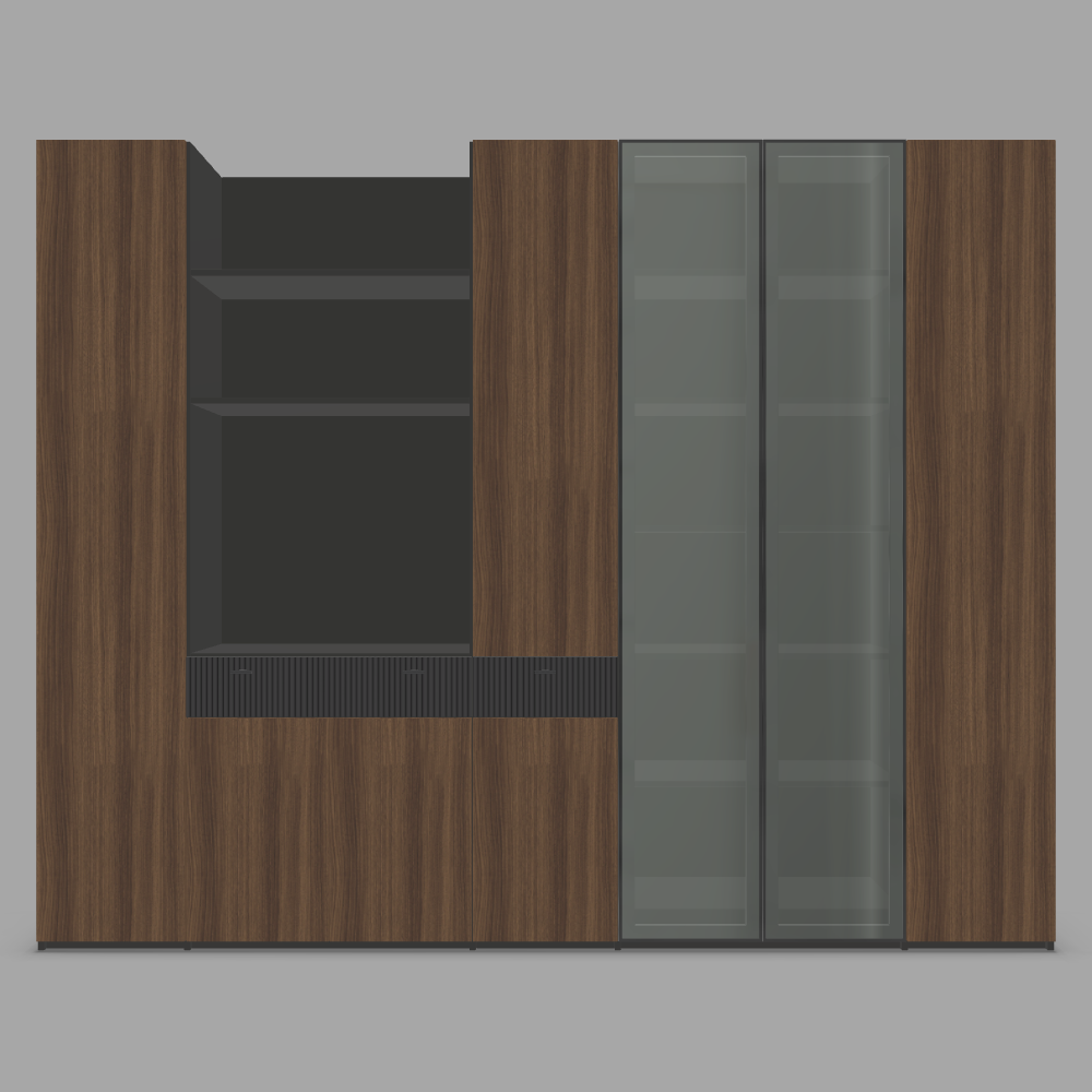 Dulap bar si living configurabil cu usi din laminat, MDF vopsit riflat si sticla in rama metalica neagra  3