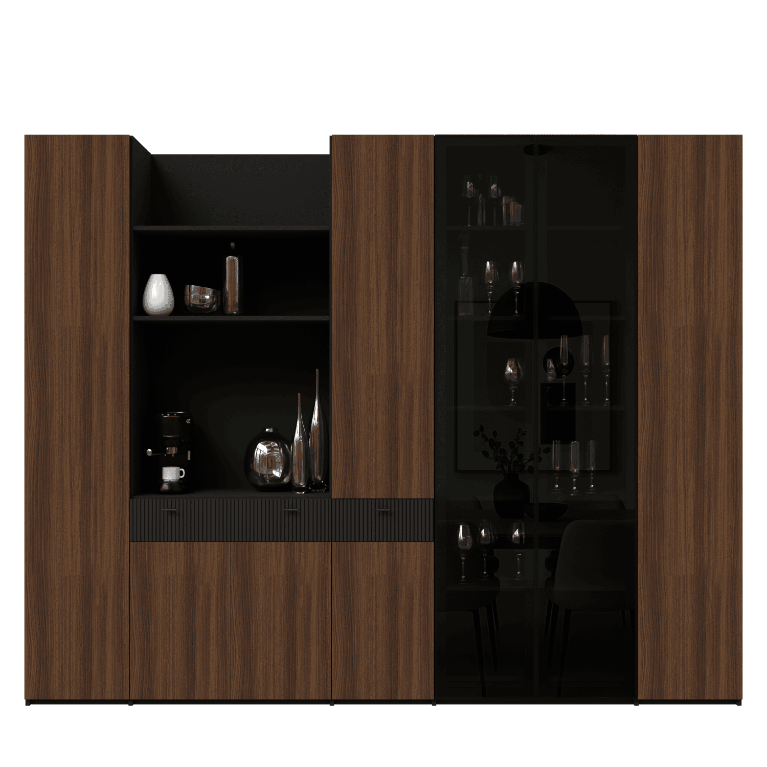 Dulap bar si living configurabil cu usi din laminat, MDF vopsit riflat si sticla in rama metalica neagra 