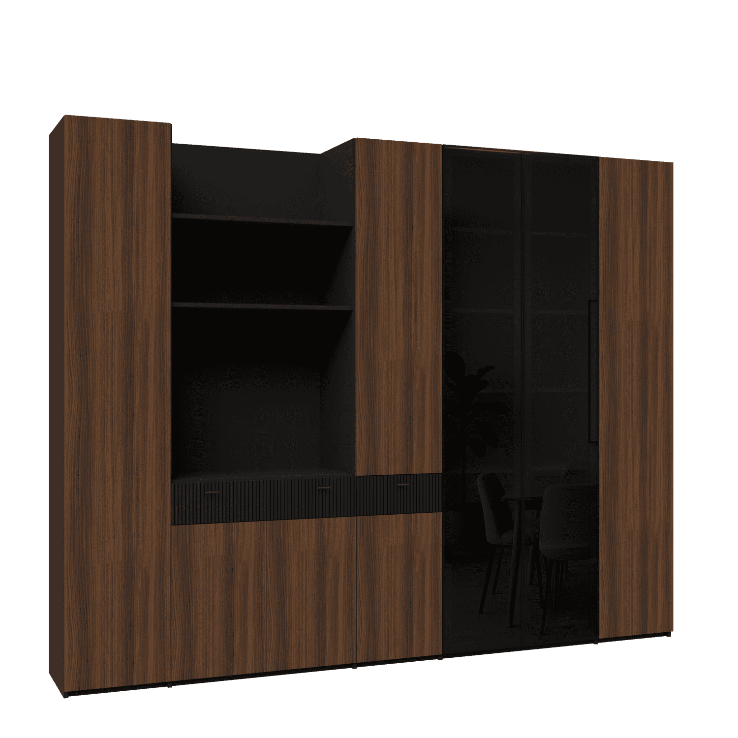 Dulap bar si living configurabil cu usi din laminat, MDF vopsit riflat si sticla in rama metalica neagra 