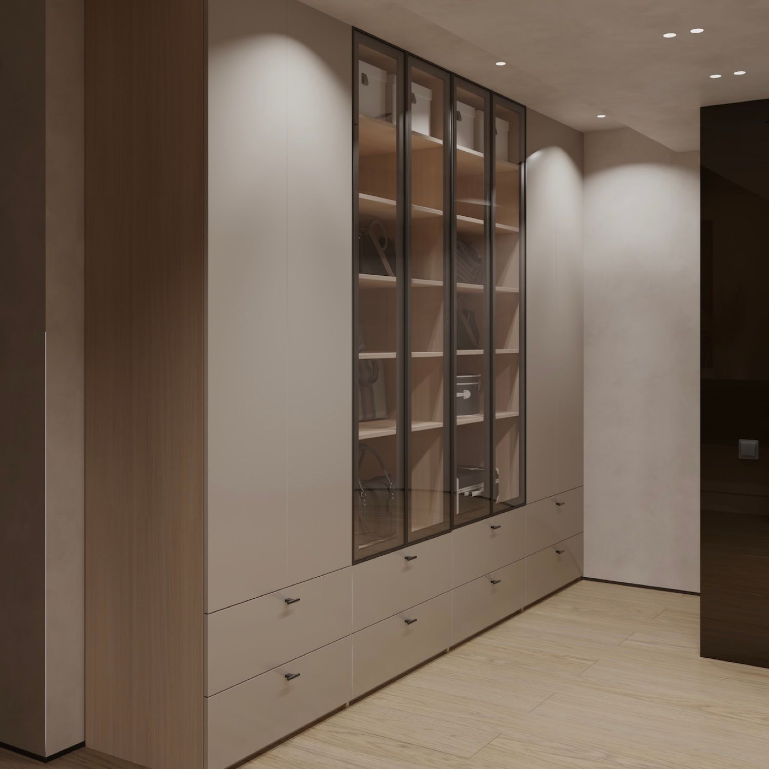 Dressing 6 uși și coloană deschisă, fronturi MDF cantuit, 270x250x55